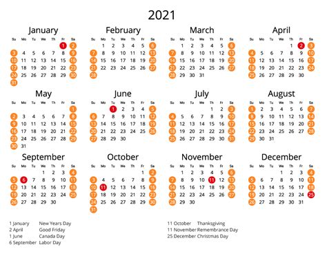 2021 Yearly Canada Calendar  Format
