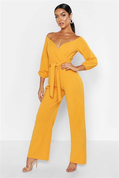 Boohoo Off The Shoulder Wide Leg Jumpsuit In Yellow Lyst