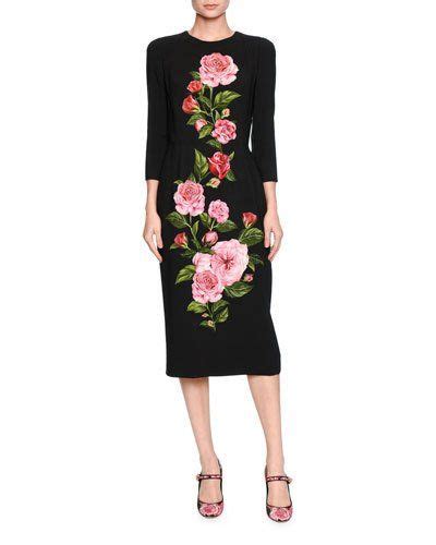 Dolce Gabbana Rose Print Cady Midi Dress Black Pink Fashion