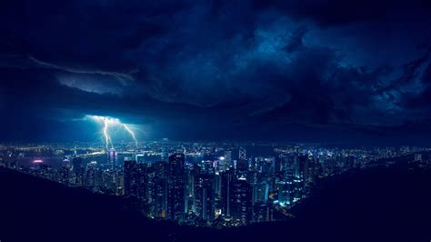 Storm Night Lightning In City 4k