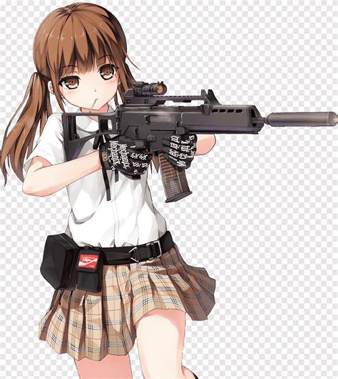 Anime Character With Brown Haired Holding Rifle Anime Female Firearm