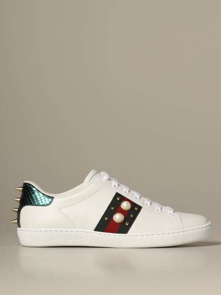 Gucci Ace Leather Sneakers With Pearls And Studs White Gucci