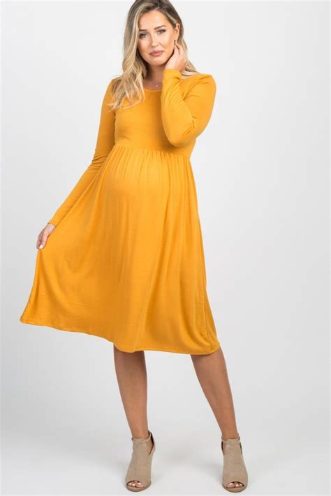Yellow Solid Long Sleeve Midi Dress Maternity Dresses Long Sleeve