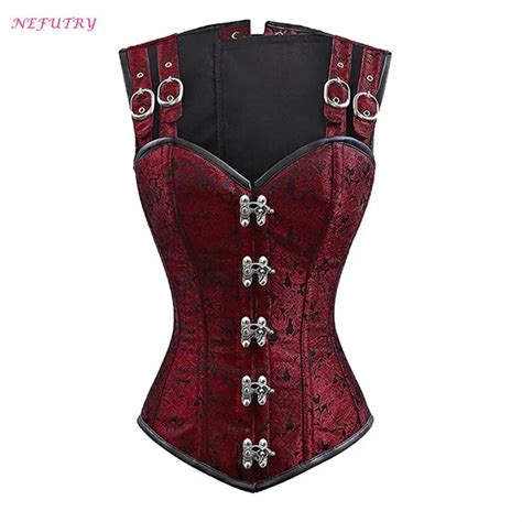 Nefutry Sexy Black Gothic Corset Overbust Steampunk Clothing Corsets And Bustiers Strap Bustier