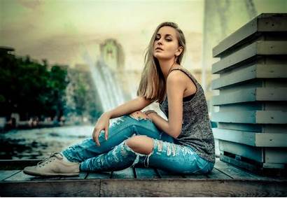 Jeans Blonde Woman Sitting Torn Beauty Person