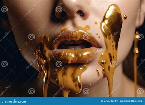 Paint Drips From The Lips Golden Liquid Drops On Beautiful Model Girl S Mouth Creative