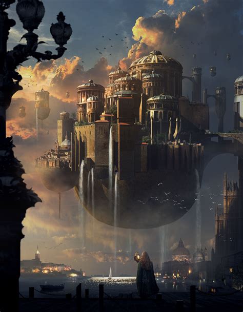 Floating City Sunset Castle By Mai Anh Tran Fantasy Concept Art