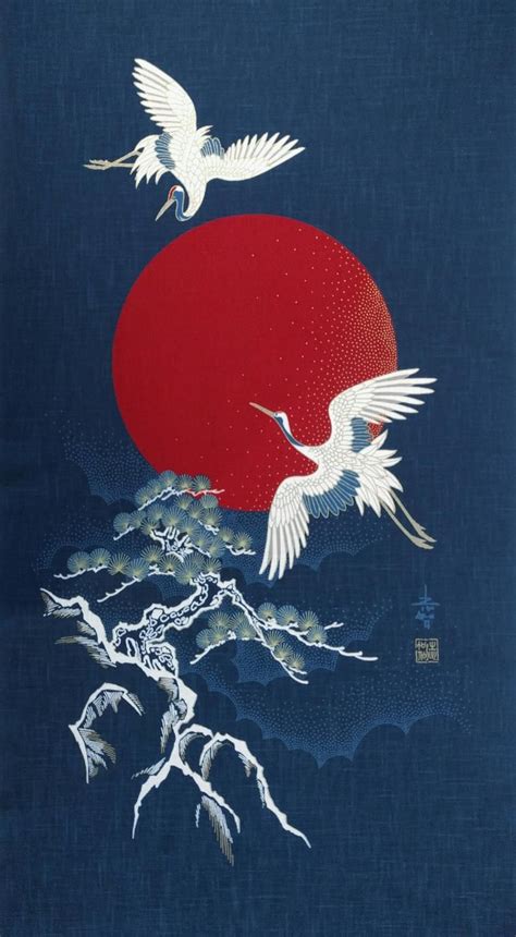 New Japanese Cotton Noren Quilting Panel Cloth Flying Cranes Moon And