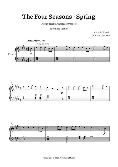 Vivaldi Spring The Four Seasons B Major — Easy Piano By Antonio