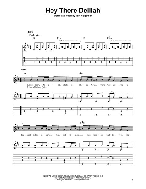 Hey There Delilah Sheet Music Plain White Ts Solo Guitar