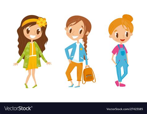 Cartoon Smiling Girls Dressed In Different Clothes