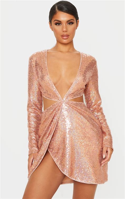 rose gold sequin long sleeve cut out bodycon dress prettylittlething