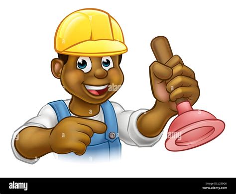 A Handyman Plumber Cartoon Character Holding A Plunger And Pointing