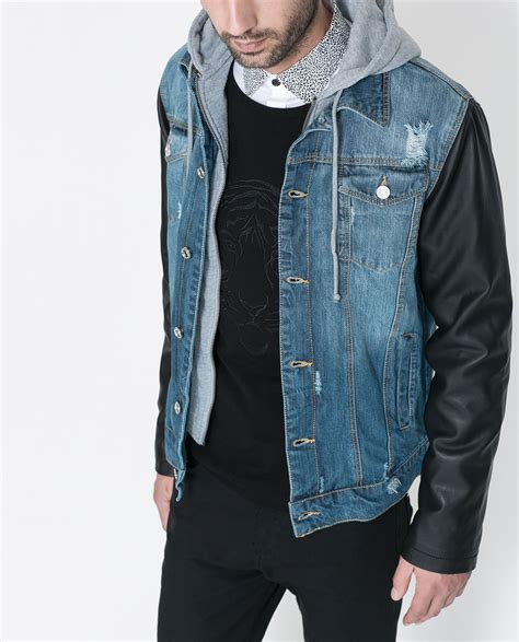 Zara Denim Jacket With Faux Leather Sleeves In Blue For Men Lyst