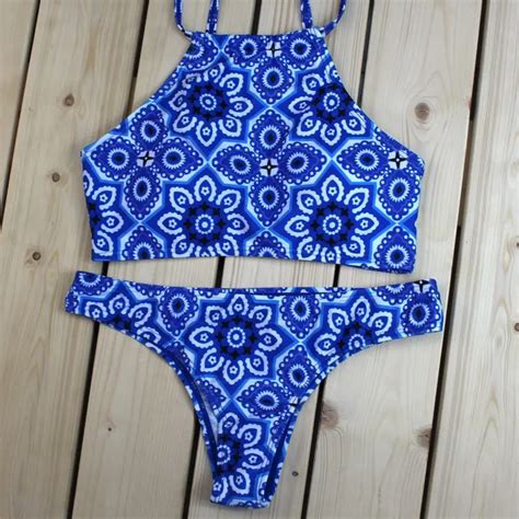 Sexy Women Bikini Set Brazilian Swimwear Lady Blue And White Porcelain Geometric Pattern