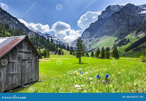 Cottage In Swiss Alps Stock Image Image Of Blue Mountains 144270573