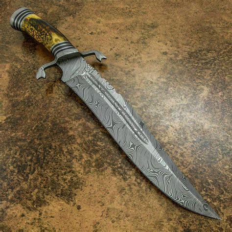 Handmade Damascus Steel Bowie Knife With Antler Horn Handle