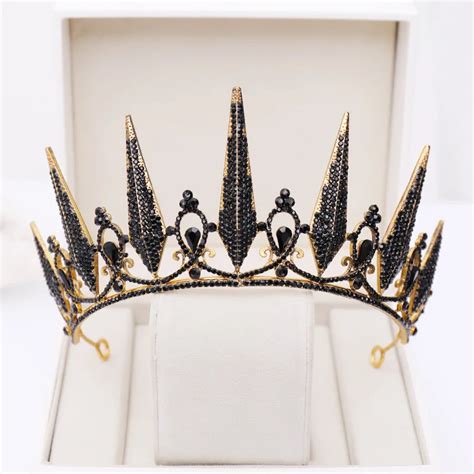 Baroque Sharp Angled Black Crystal Tiara Gold Color Crown Headband