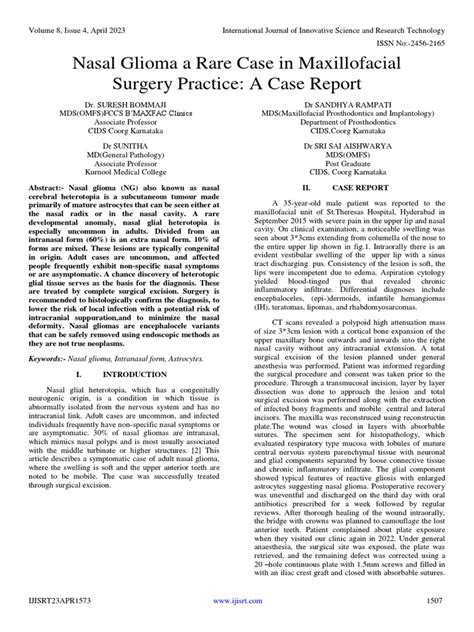 Nasal Glioma A Rare Case In Maxillofacial Surgery Practice A Case
