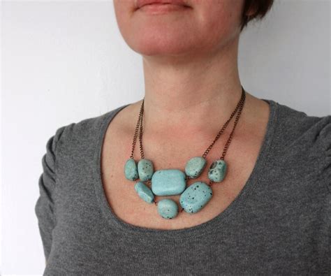 Chunky Beads Necklace Turquoise Clay Beads Layered Copper Etsy Uk