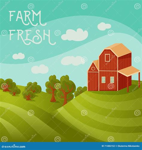 Farm Fresh Rural Landscape With Farmhouse Fields And Trees Stock