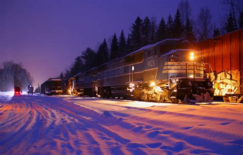 Wallpaper Winter Forest Snow Trees Night Lights Train Railroad
