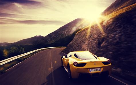 Car Sunset Ferrari Yellow Cars Road Wallpapers Hd Desktop And