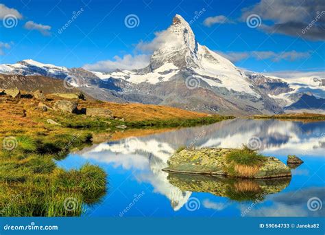 Famous Matterhorn Peak And Stellisee Alpine Glacier Lakevalais