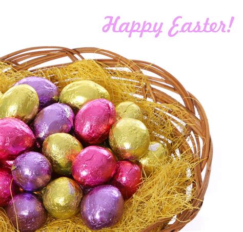Happy Easter Colorful Chocolate Easter Eggs In Basket Isolated Stock