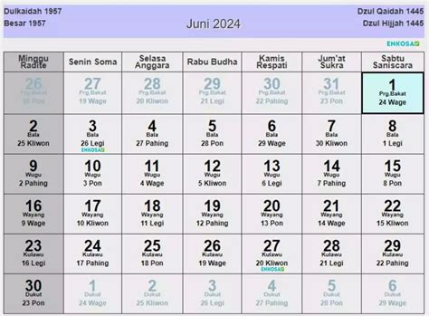 Kalender Jawa Juni 2024 Lengkap Hari Baik