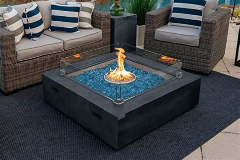 42 X 42 Square Modern Concrete Fire Pit Table W Glass Guard And Crystals In Gray