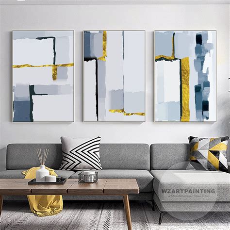 Set Of 3 Modern Abstract Gold Navy Blue Print Painting Prints On Canvas