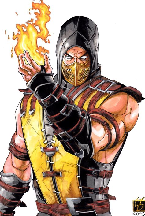 A Drawing Of A Man In Yellow And Black Armor With Flames Coming Out Of