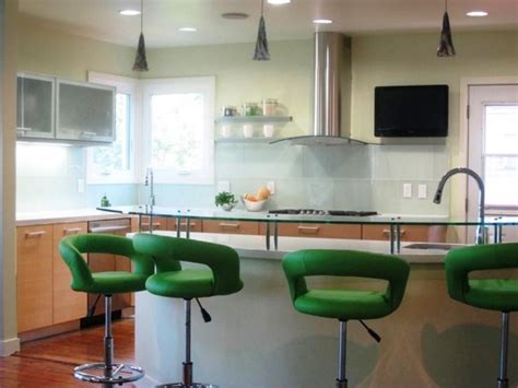 Old science lab worktops are especially popular for the industrial chic look. Modern and Eco-Friendly Kitchen with Bright Green Stools | Kitchen inspiration design, Kitchen ...