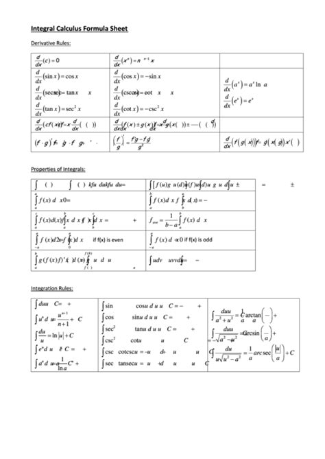 It includes chain rules for scalar and vector fields, and applications to partial differential equations and extremum problems. Integral Calculus Formula Sheet printable pdf download