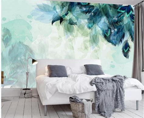 Nordic Minimalism Blue Feather Wallpaper Wall Mural Etsy