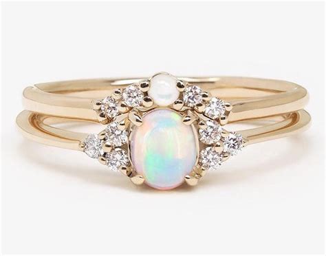Dainty Opal Engagement Ring Set Minimalist Opal Wedding Ring Etsy
