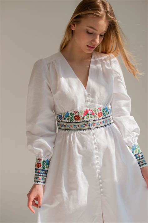 floral embroidered dress white ukrainian dress folk slavic etsy