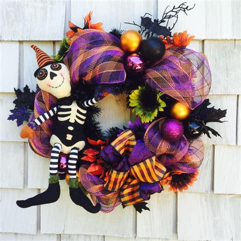 Halloween Wreath Zombie Skeleton Orange Black Purple Spooky Sunflowers