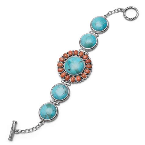 7 5 Reconstituted Turquoise And Coral Sunburst Toggle Bracelet