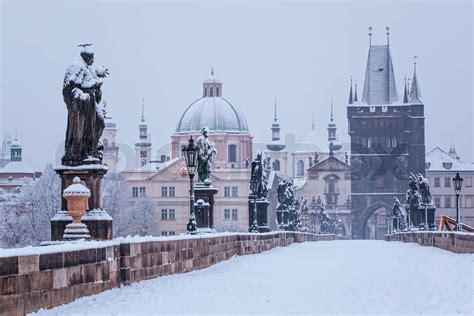 Snow Morning At Charles Bridge In Winter Prague Czech Republic