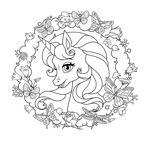 Cute Unicorn With Flowers And Butterflies Vector Coloring Page 3430762