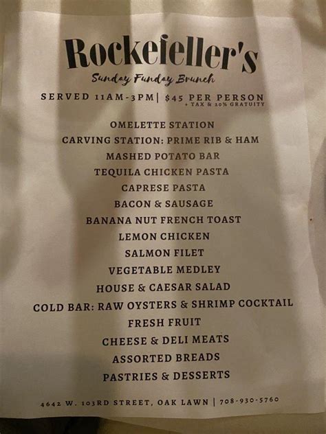 Menu At Rockefellers Steakhouse Oak Lawn