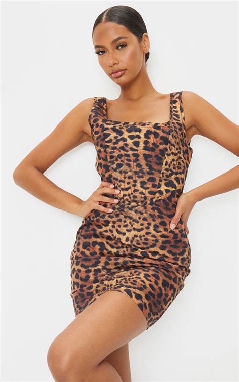 brown leopard print corset detail bodycon dress prettylittlething usa