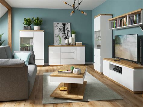 Modern White Glossoak Living Room Furniture Set Of 6 Storage Units Led