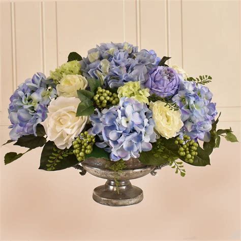 Shop wayfair for all the best hydrangea faux flowers. Hydrangea Silk Centerpiece in Pedestal Bowl | Silk flower ...