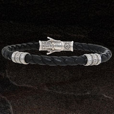 Konstantino Barrel Bead Black Leather Bracelet For Men With Silver