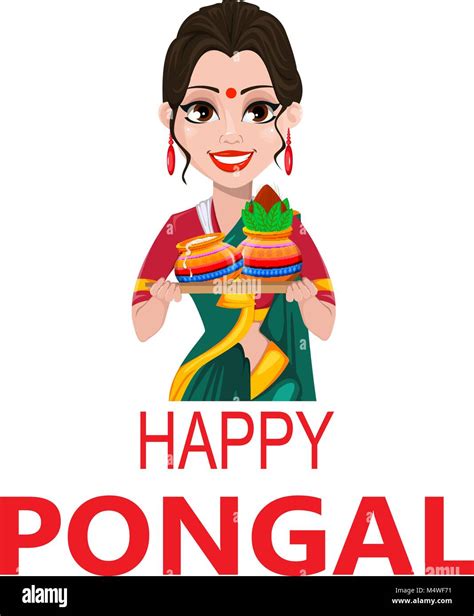 indian girl with two pots happy pongal greeting card makar sankranti vector illustration on