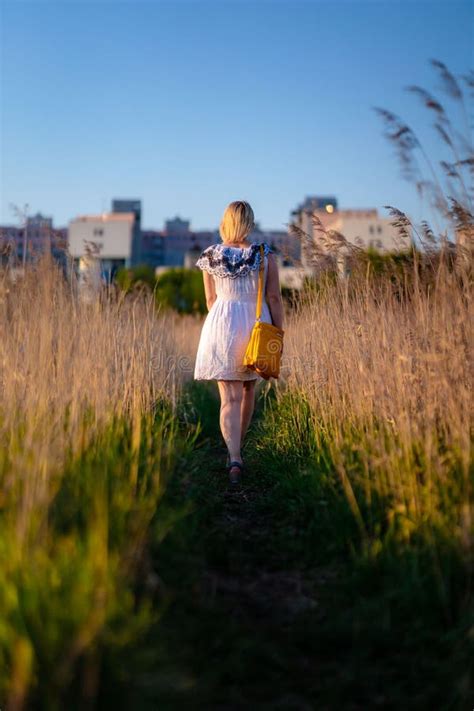 Woman Lonely Walking Along Grassy Path Stock Photo Image Of