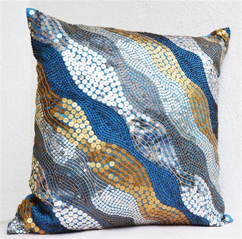 Blue Throw Pillows With Silver Copper Sequins Silver Pillow